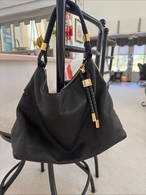 Black Leather Hobo Bag with Braided Strap and Gold Hardware